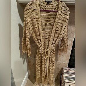 Boston Proper Gold Sparkly Fringe Sweater Cardigan Coachella boho Western S/M